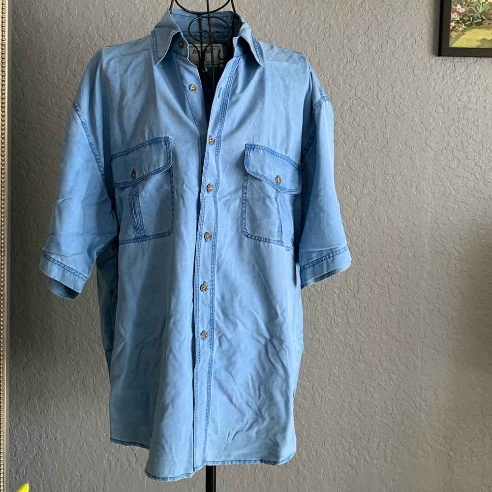 Pure silk blue short-sleeve dress shirt